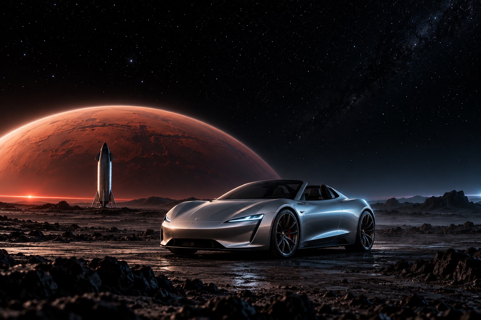 A silver roadster meets a rocket beneath a red planet
