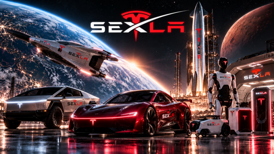 A silver roadster meets a rocket beneath a red planet